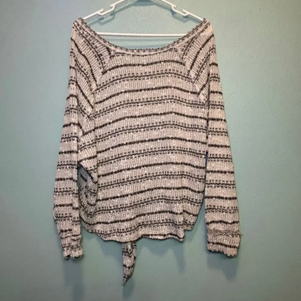 Altar'd State Striped V-Neck Tie Front Sweater Top Small Gray Blue White Knit - Picture 8 of 8